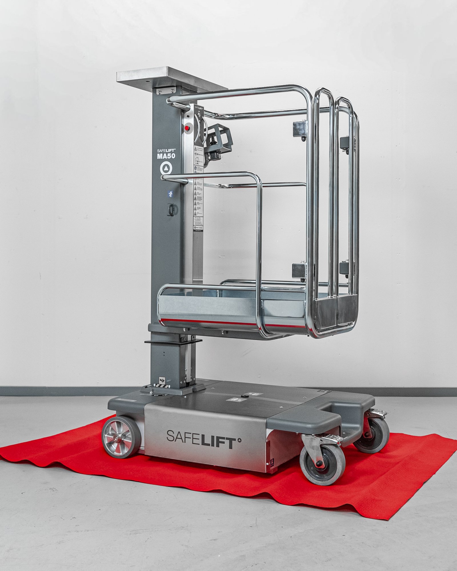 SafeLift MA50 in transport/folded position on a red wash-down mat
